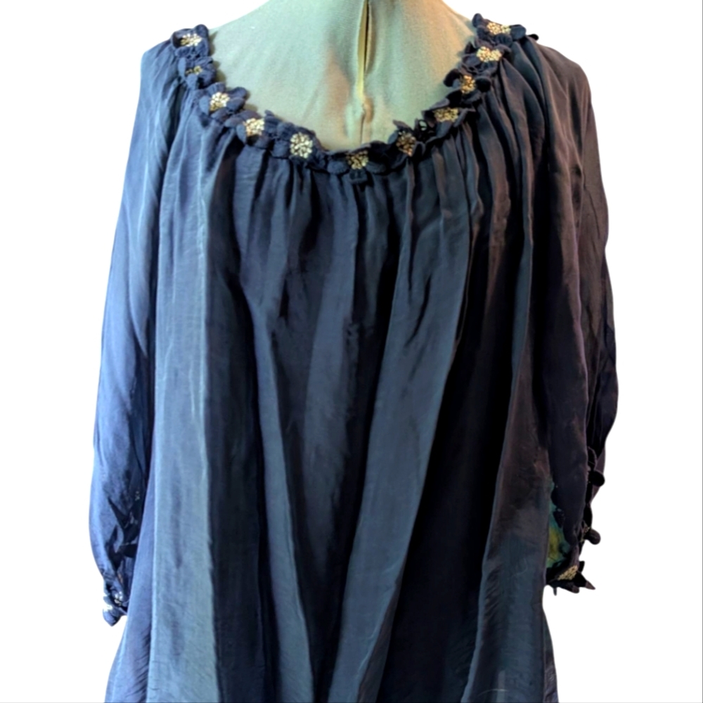 Women's‎ Blue Flowy Embroidered Flower Italian Blouse